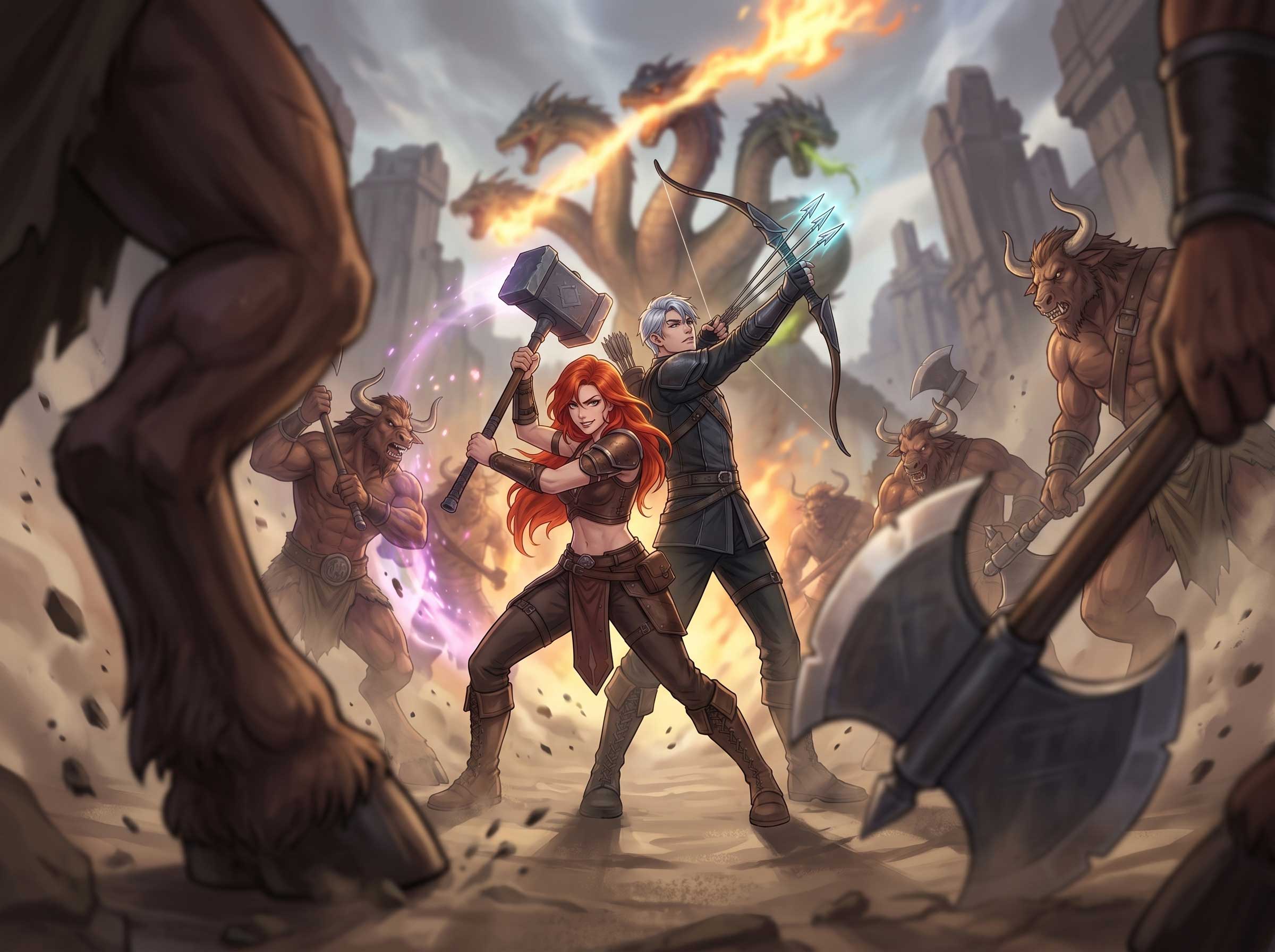 A Fantasy Duo Standing Back-To-Back Against Minotaurs And A Hydra
