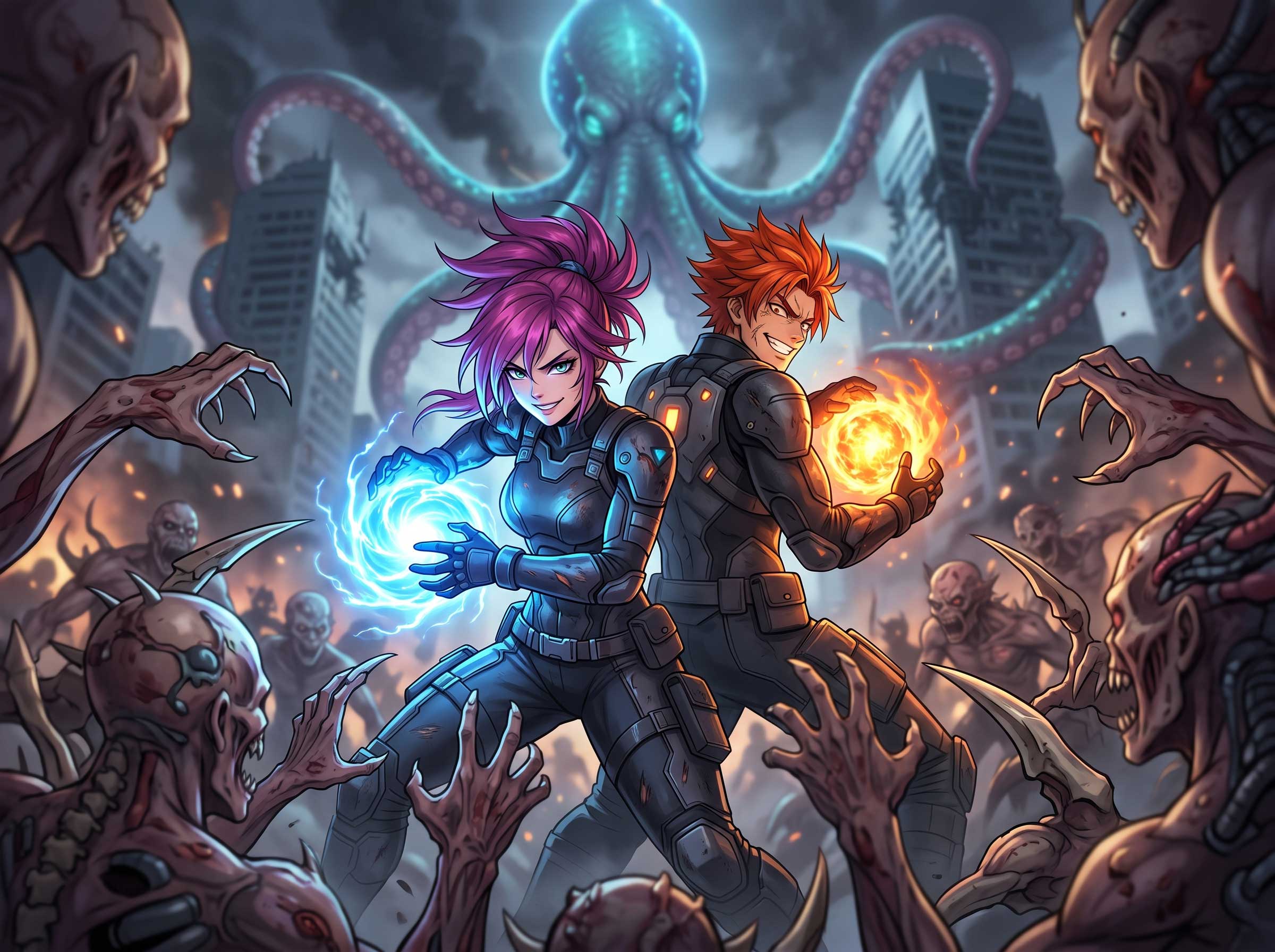 A Modern Duo Channeling Fire And Lightning Against A City Horde
