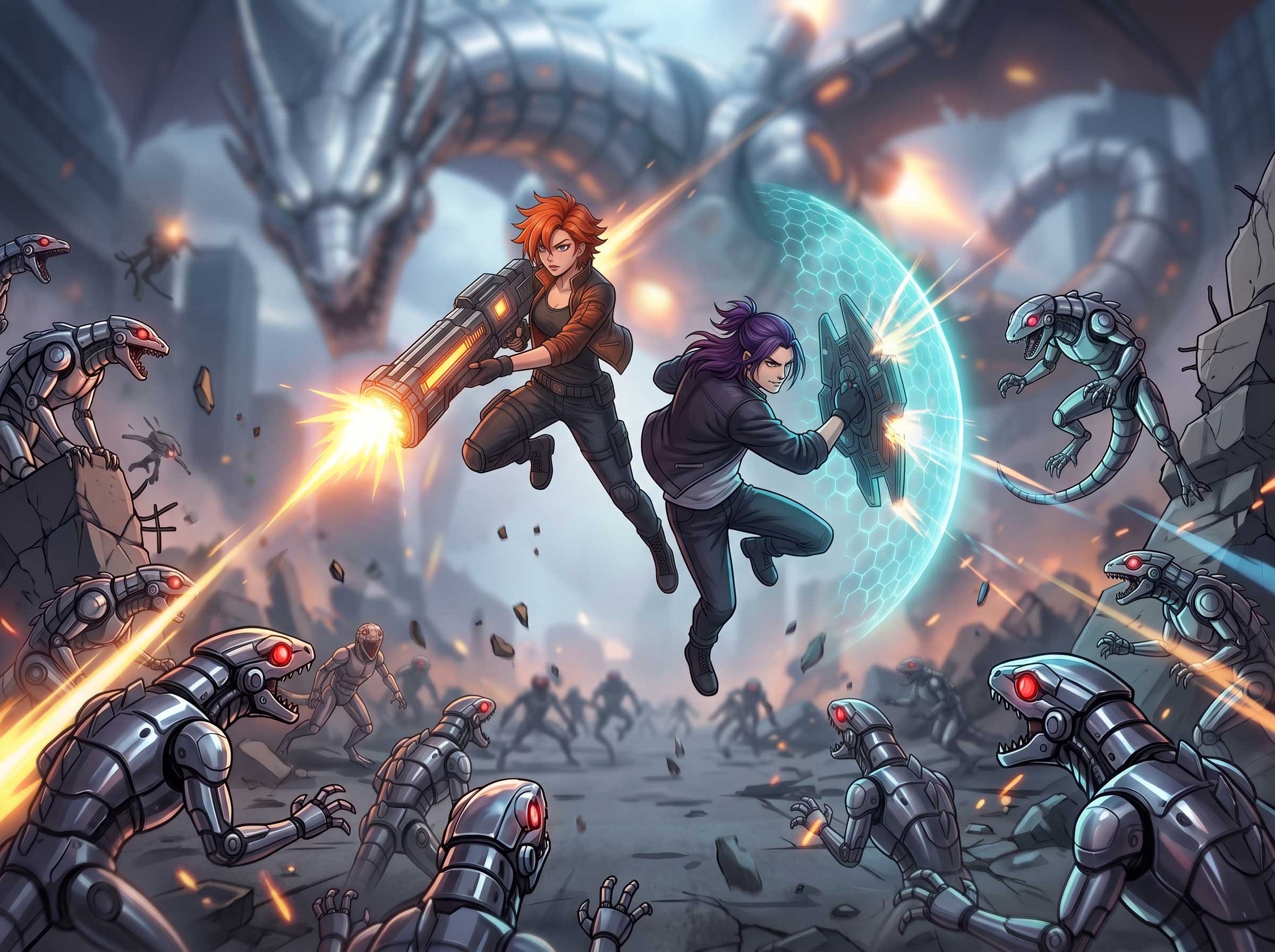 A Sci-Fi Duo Fighting Robotic Raptors Beneath A Mechanical Dragon