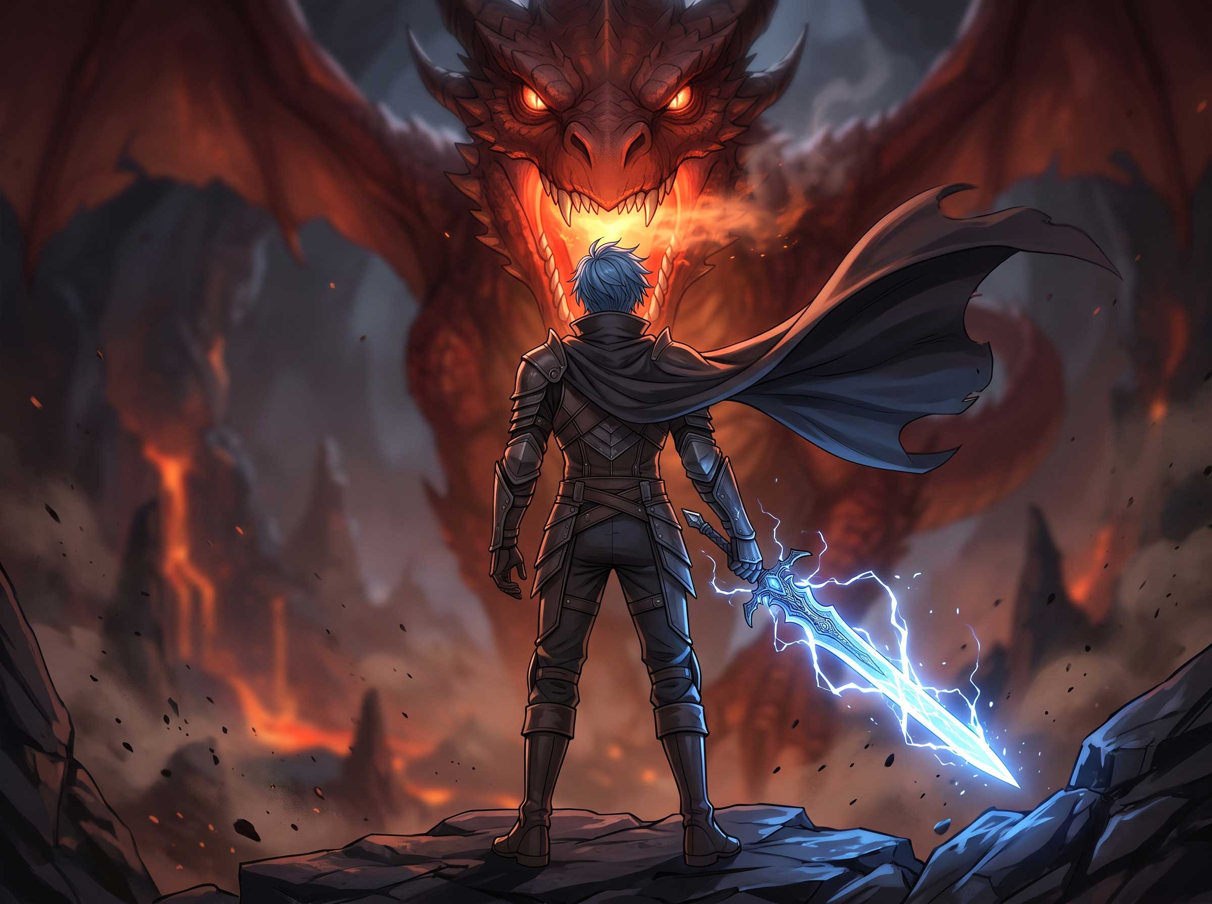 A Solo Fantasy Hero Facing A Colossal Red Dragon