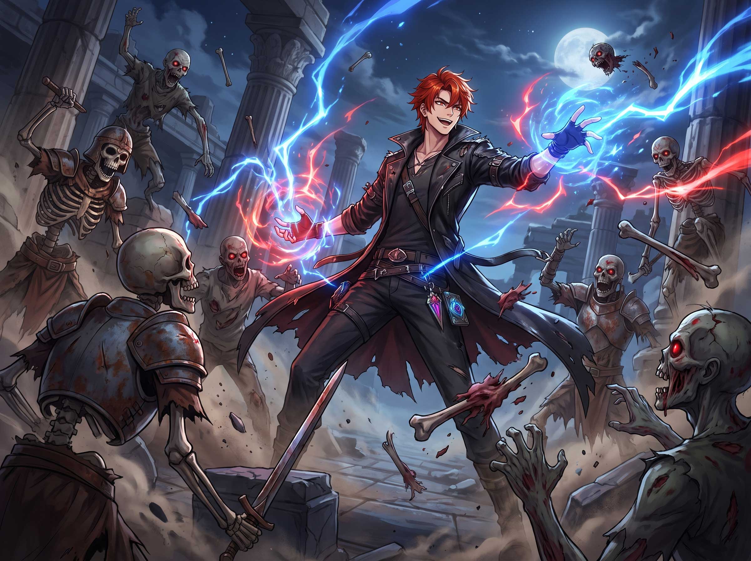 A Solo Mage Unleashing Dual Magic Against An Undead Swarm