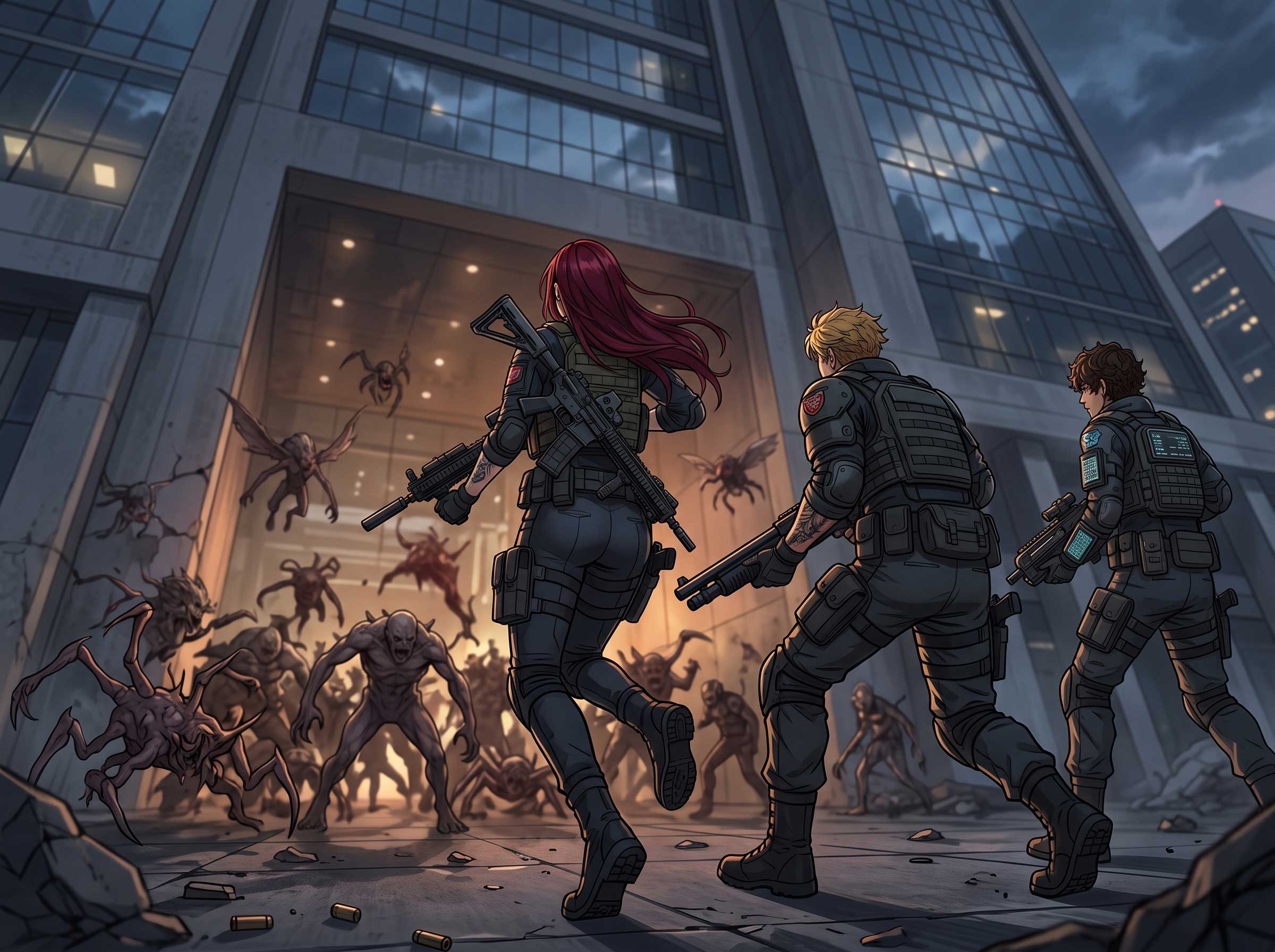 A Modern Trio Advancing Through Urban Combat