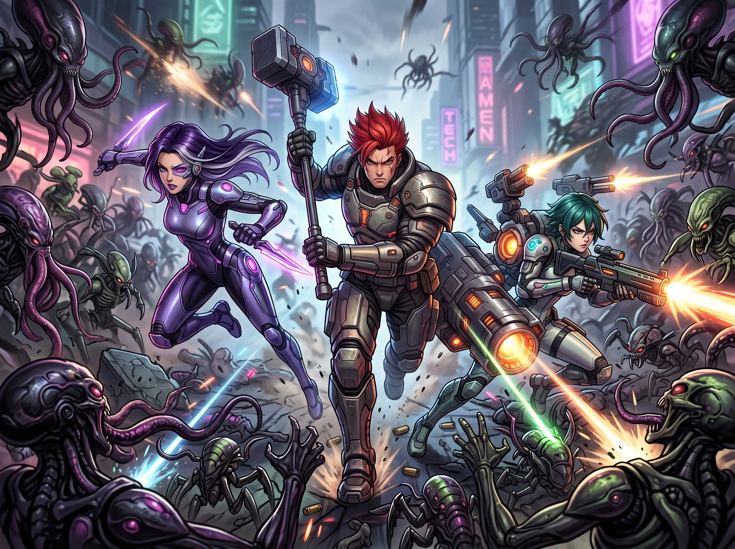 A Sci-Fi Trio Battling Drones In A Neon City